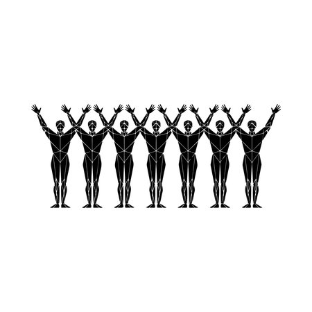 Silhouette of a group of people with hands up. Vector illustration.のイラスト素材