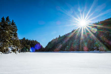 frozen lake with snow and forest in the background in sutton mountain, quebec,canadaの写真素材