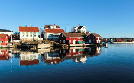 Small town filled with red houses in a tiny swedish islandの写真素材
