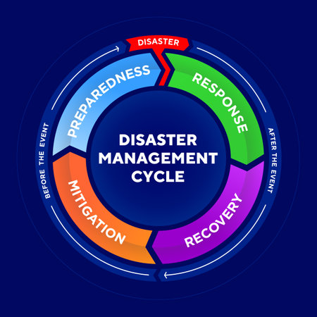 Disaster Management Cycle infographic to illustrate the process of reducing the impact of natural disasters.のイラスト素材