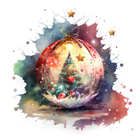 Creative watercolor illustration of an artistic Christmas tree on an ornamentの写真素材