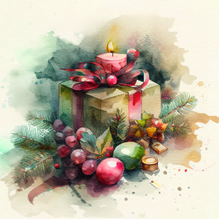 Beautiful watercolor illustration of a Chirstmas presentの写真素材