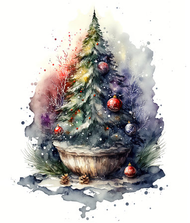 Festive watercolor illustration of Christmas treeの写真素材