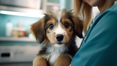 Close up of a cute Australian shepherd puppy being examined by a veterinarian. AI Generated.の素材