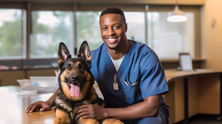 Portrait of smiling african american veterinarian sitting with dog at vet clinic. AI Generated.の素材