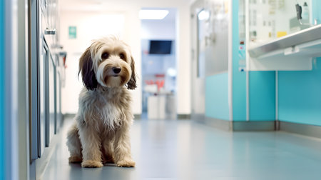 Cute dog waiting for the doctor in the hospital. Shallow depth of field. AI Generated.の素材