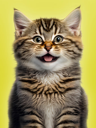 Portrait of Maine Coon kitten with tongue sticking out on yellow backgroundの素材