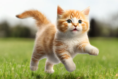 Cute little kitten running on green meadow, closeup viewの素材
