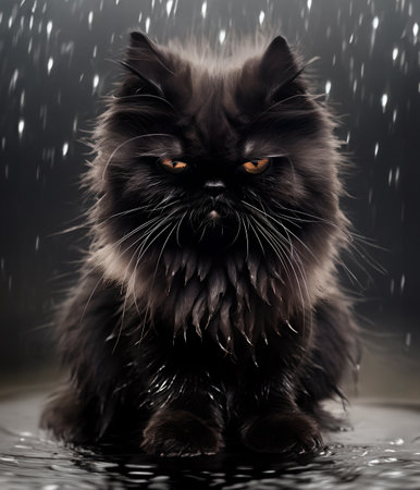 Sad depressed Black persian cat isolated on a dark background with rainの素材