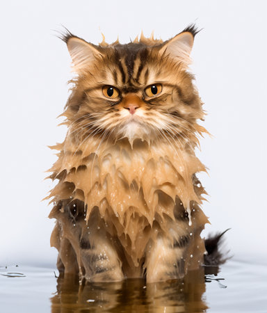 Sad and wet cat in a water, isolated backgroundの素材