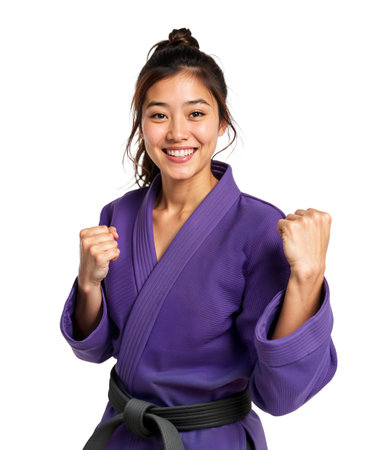 Asian Woman Martial Artist in Purple Gi Smiling in Celebration on Isolated Backgroundの素材