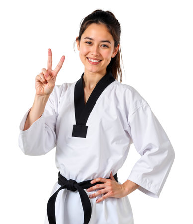 Smiling female Taekwondo athlete showing a peace sign on isolated backgroundの素材
