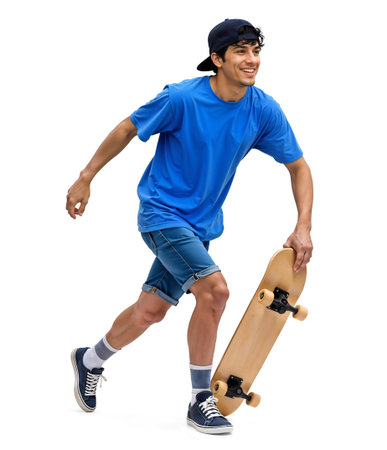 Hispanic skateboarder men in blue shirt playing skateboard on isolated backgroundの素材