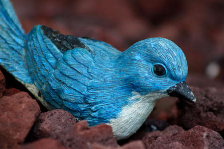 Blue bird statue nesting in garden rocksの写真素材