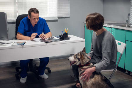 Veterinary care concept. A husky dog in the vets office with its ownerの写真素材