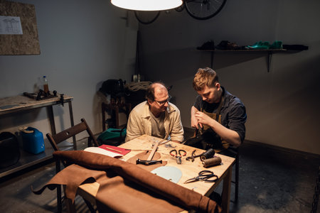 a father-shoemaker passes on to his son the experience of hand-making shoes in his workshopの写真素材