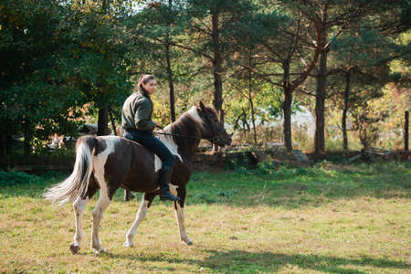 On a warm autumn day, a young girl went out to ride her mare on horseback around the farm.の写真素材