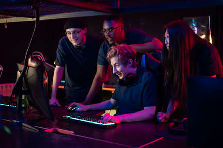 Cyber gamers broadcast live from their training ground, communicate with their fans liveの写真素材