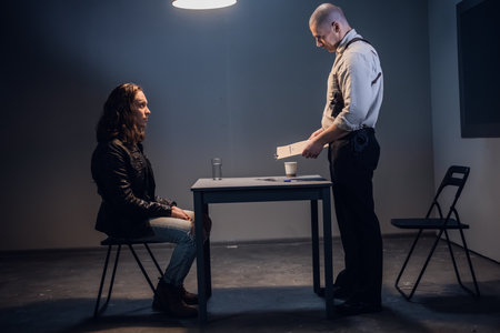 A white male police detective talks to a suspect in a drug trafficking case who is sitting in an interrogation room in handcuffs.の写真素材