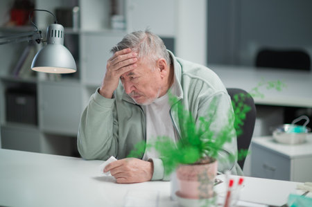 At the end of the working day, an elderly office worker felt a headache, he sits at his desk and holds his headの写真素材