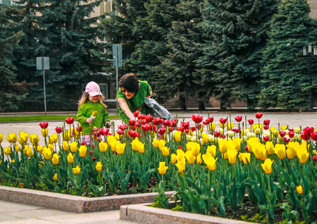 05 14 2019 Russia, Bryansk. Mother and daughter looking at the flowers in the town square.のeditorial素材