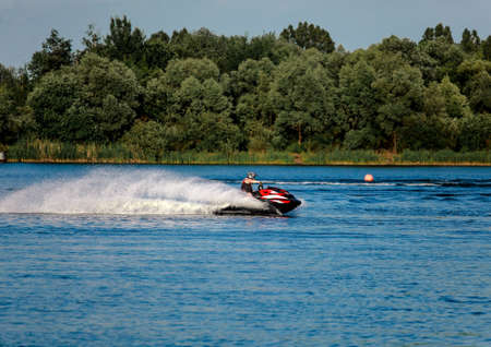 06 28 2019 Russia, Byansk. High-speed turn of the jet ski during the lap in training.