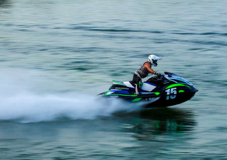 06 28 2019 Russia, Byansk. The pilot of a jet ski is moving at high speed.