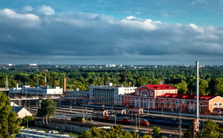 09 25 2019 Russia, Bryansk. Morning view from the window of a multi-storey building city station.のeditorial素材