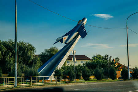 August 3, 2019. Russia, Krasnodar. In a small town there is a monument-a plane with a red star on the wing.のeditorial素材