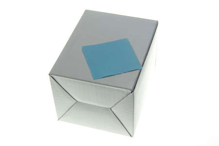 Carton box with memo notes isolated with white backgroundの写真素材