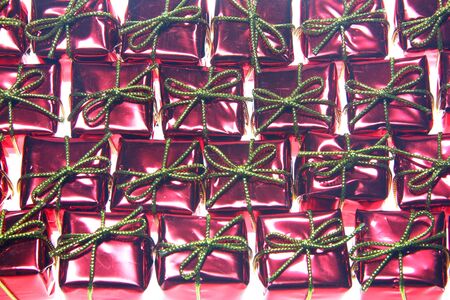 Santa Claus red gifts with golden ribbonの写真素材