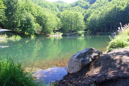Beautiful mountain lake in tranquillity peaceful placeの写真素材