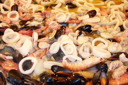A close up view of paella valencianaの写真素材