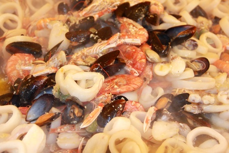 A close up view of paella valencianaの写真素材