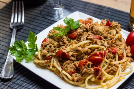 A plate of spaghetti with tunaの写真素材