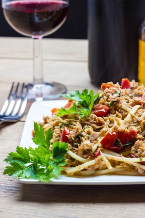 A plate of spaghetti with tunaの写真素材