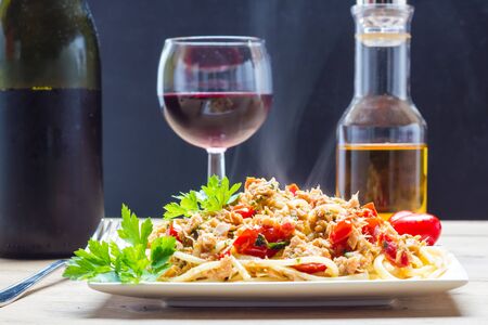 A plate of spaghetti with tunaの写真素材