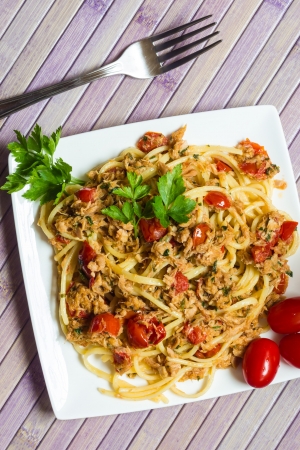 A plate of spaghetti with tunaの写真素材