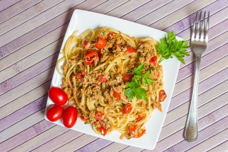A plate of spaghetti with tunaの写真素材