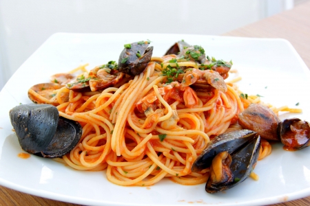 Seafood spaghettiの写真素材