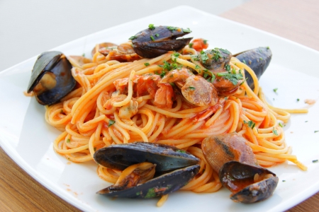 Seafood spaghettiの写真素材