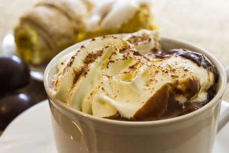 Hot chocolate cup with whipped creamの写真素材