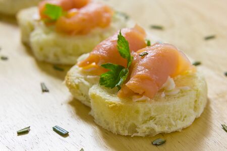 Close up view of  tarts with smoked salmonの写真素材