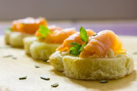 Close up view of  tarts with smoked salmonの写真素材