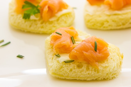 Close up view of  tarts with smoked salmonの写真素材
