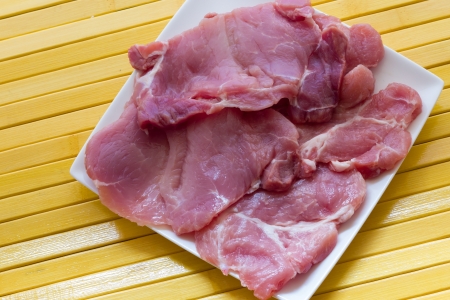 A close up view of same pork steaksの写真素材