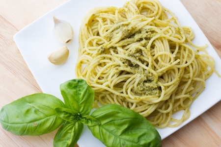Close up view of Spaghetti with pesto Genoveseの写真素材