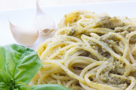 Close up view of Spaghetti with pesto Genoveseの写真素材