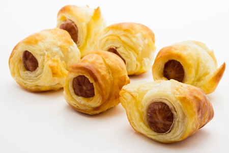 A close up view of snacks with Wurstelsの写真素材
