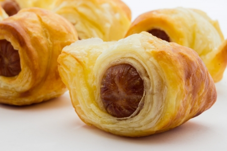 A close up view of snacks with Wurstelsの写真素材